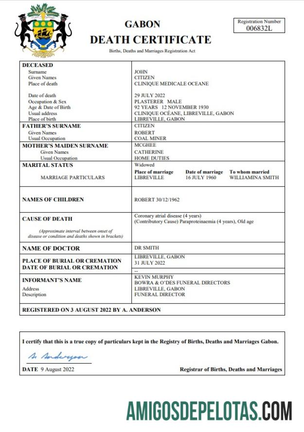 Realista modelo Word e PDF de certidão de óbito do Gabão